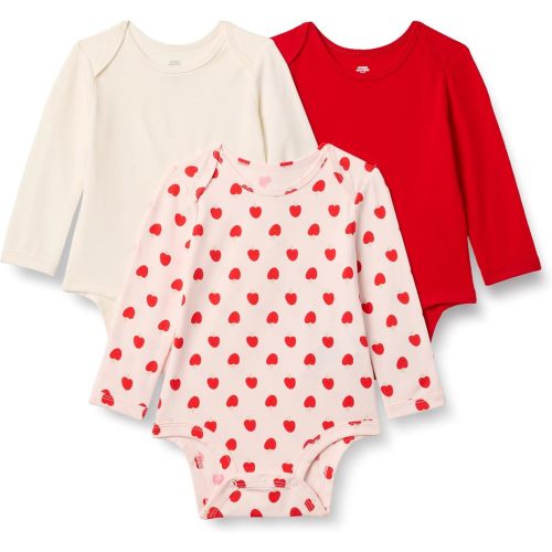 Amazon Essentials Unisex Babies' Cotton Long Sleeve Crew Neck Bodysuit, Pack of 3, Ivory/Red/Apple Hearts, 12 Months