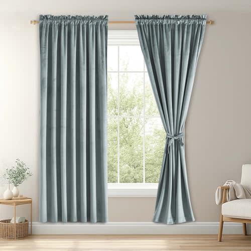JIUZHEN Stone Blue Velvet Blackout Curtains 52W x 63L 2 Panels | Luxury Thermal Insulated Privacy Protect Window Drapes for Office/Bedroom/Dining Room with Tiebacks