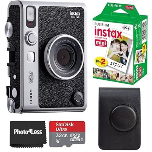 Fujifilm Instax Mini EVO Hybrid Instant Camera Black Bundle with Instax Mini Instant Film 20 Sheets, 32GB microSD Card, Vintage Style Black Camera Case, Bundle