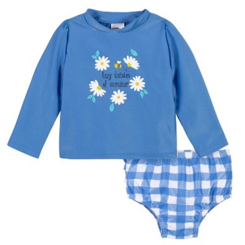 Gerber Baby Girls' Two-Piece Long Sleeve Rash Guard Set and Swim Briefs - Blue Daisies - 12 Months