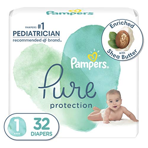 Diapers Newborn/Size 1 (8-14 lb), 32 Count - Pampers Pure Protection Disposable Baby Diapers, Hypoallergenic and Unscented Protection, Jumbo Pack (Packaging & Prints May Vary)