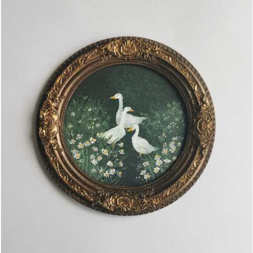 Hand-Painted Duck Meadow Artwork, Vintage Bronze Framed Nature Decor