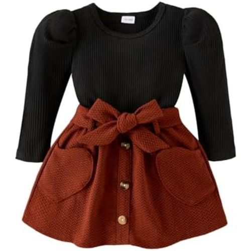 Toddler Girl Clothes Baby Fall Winter Outfits Knitted Puff Sleeve Tops + Infant Short Skirt + Belt 3Pcs 12 Months- 4T