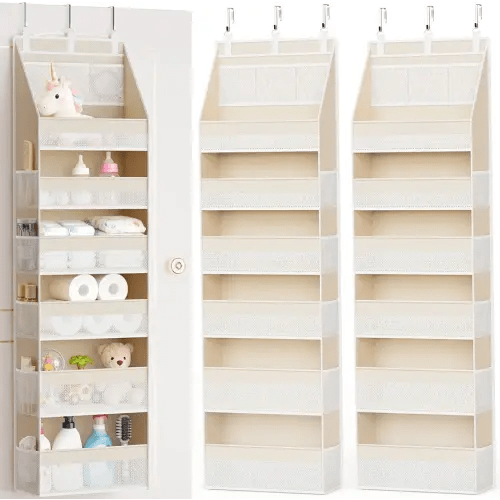2 Pack Over the Door Organizer, 6-Shelf Closet Hanging Storage with 13 Mesh Pockets, 55lbs Capacity Behind the Door Storage for Baby Nursery, Bathroom, Bedroom, and Dorm, Beige