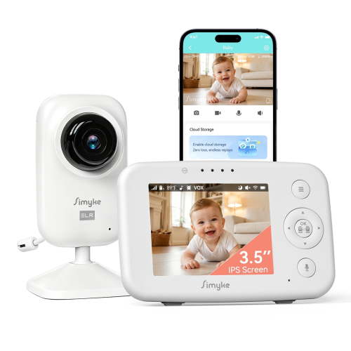 Simyke 720P WiFi Video Baby Monitor,WiFi On/Off Switch,3.5" LCD & App Viewing,2-Way Audio,Night Vision,VOX,5 Lullabies,1500ft Range, Home Use