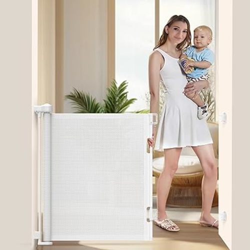 55 inch Retractable Baby Gates, EZIGO Extra Wide Baby Gate for Large Opening Extra Long Mesh Gate for Kids or Pet Dog Gate Child Safety Gate for Stairs Hallways Doorway Indoor Outdoor, White