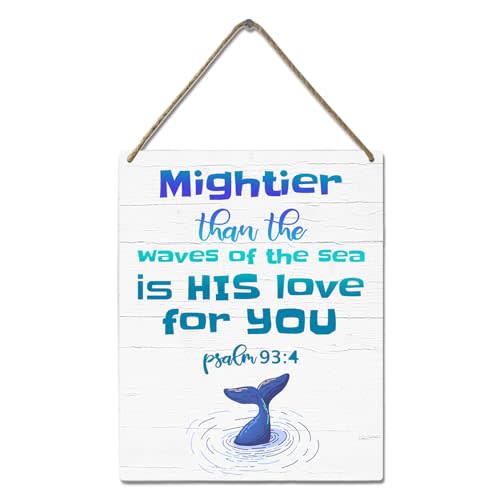 Ocean Nursery Wall Art Whale Decor for Baby Boy Nautical Beach Room Sign Mightier Than The Waves of The Sea Psalm 93:4 Wooden Signs Under The Sea Animal Pictures Bathroom Decor for Kids 10x8 Inch