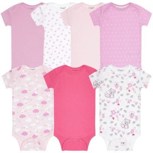 Everyday Kids 7-Pack Pink Short Sleeve Baby Girls Bodysuits – 100% Soft Cotton with Cute Hearts, Clouds, Animals and Solid Colors