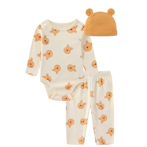 Disney Pooh Mickey Baby Boys Girls Bodysuit Pants and Cap 3 Pc Set Infants