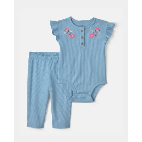Baby Girl 2-Piece Floral Bodysuit & Pant Set - Blue | Carter's