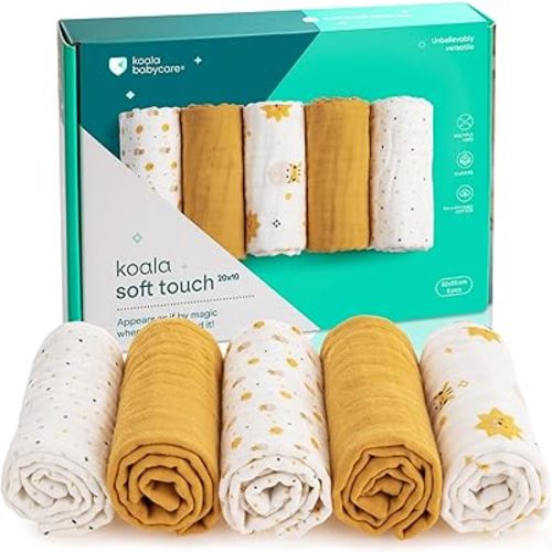 Koala Babycare 5 Pack 20"x10" Muslin Burp Cloths for Baby Boys and Girls - GOTS & Oeko-TEX Cotton Burp Rags for Newborns - Absorbent Neutral Burping Cloths for Feeding - Washable Baby Bibs Essentials