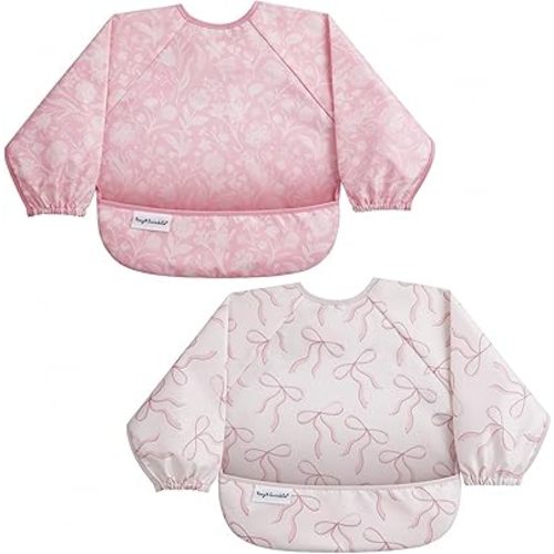 Tiny Twinkle Long Sleeve Bib for Babies & Toddlers | 2-Pack Waterproof Smock Bib for Eating | Machine Washable & Mess-Proof Feeding Essentials | Newborn Shower Gift (Toile,Bows, 6-24M)