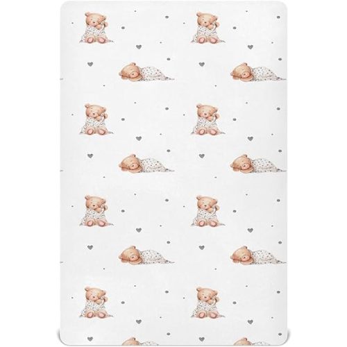 Crib Sheets for Boys Girl Cute Sleeping Bears Breathable Mini Crib Mattress Sheets Fitted,Toddler Baby Sheets for Crib Mattress 39 * 27 * 5In