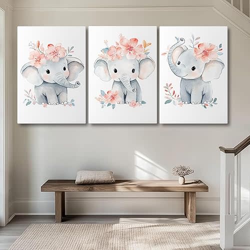 Pink Gray Elephant Prints Wall Art,Elephant Pictures Wall Decor,Cute Animal Baby Girl Nursery Posters Prints for Kids Room Bedroom (12" x 18" x 3 pcs)