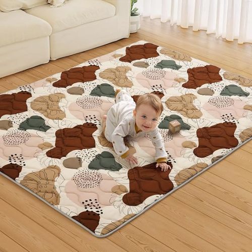 Blissful Diary Baby Play Mats for Floor, 71x59 Inch Extra Thicker & Large Soft Cushioning Foam Playmats for Babies and Toddlers, Foldable Washable Baby Crawling Mat for Playpen, Earth Tones Design