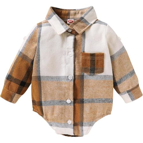 HAPPYMA Newborn Baby Boy Girls Plaid Outfit Flannel Romper Tops Infant Long Sleeve Button Down Plaid Casual Bodysuit Clothes