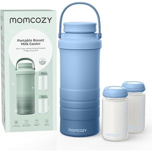 Momcozy 22oz Portable Breast Milk Cooler for Outdoor, Life Saver with 360° Total Cooling for 24 Hours, Larger Capacity Travel Breastmilk Chiller with 2pcs Baby Bottles for Breastmilk Storage, Blue