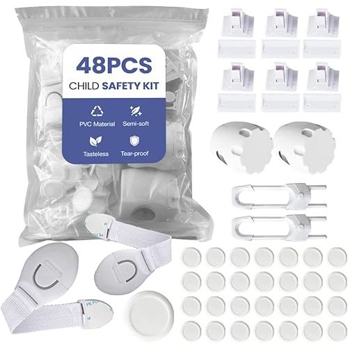 48-Pack Baby Proofing Kit, Child Safety Locks for Cabinet & Drawer, Outlet Covers, U-Shaped Locks & Door Knob Safety Covers, Complete Baby Protection for Home, Kitchen & Bathroom