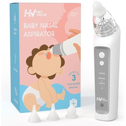 HEYVALUE Nasal Aspirator for Baby, Simple Baby Nose Sucker with Music Soothing, 3 Adjustable Suction Levels, Electric Nose Suction for Baby with 3 Silicone Tips, Easy to Use - Grey
