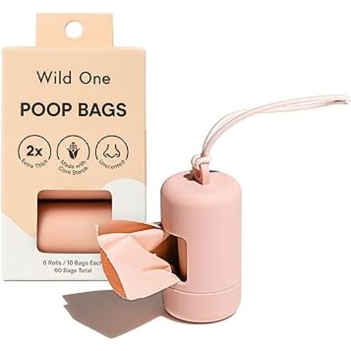 Wild One Dog Poop Bag Holder and Dispenser with Leash Attachment, Leak Proof, Easy Twist Top for Refills, Includes 1 Box Poop Bags, Blush