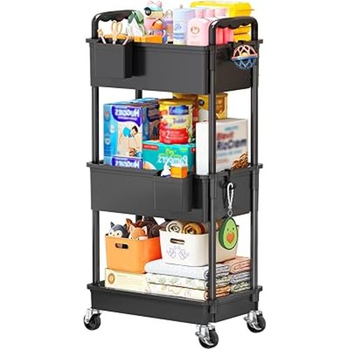 Baby Diaper Caddy Cart, 3 Tier Rolling Diaper Cart with Lockable Wheels for Nursery Essentials, Large Capacity & Easy Assemble Diaper Storage Organizer for Newborn,New Mom, Black