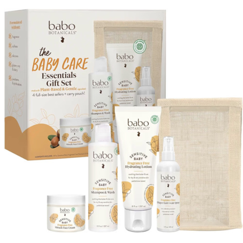 Babo Botanicals Baby Care Essentials Gift Set - Skincare, Bath & Diaper - For Delicate Skin, Fragrance-Free with Shea Butter, Includes Reusable Carry Pouch - Natural & Plant Based - 5 Items Set