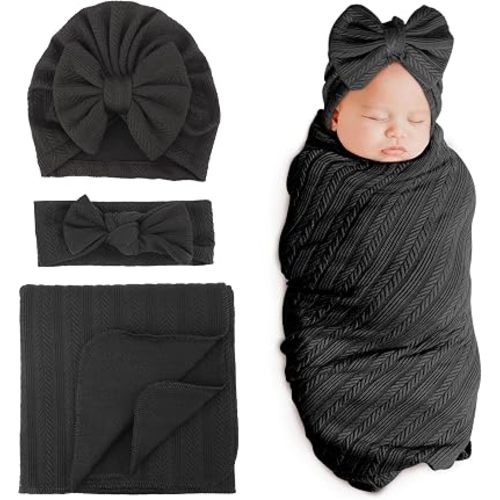 BQUBO Newborn Receiving Blanket Toddler Warm for Girls with Matching Bow Hat and Bow Headband Shower Gift