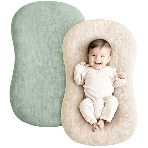 ZXYIVOO Muslin Baby Lounger Cover 2 Pack, 100% Cotton Newborn Lounger Slipcover for Boys & Girls, Soft & Breathable (Green, Wheat)