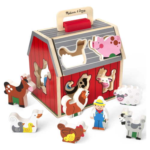 Melissa & Doug Wooden Take-Along Sorting Barn Toy with Flip-Up Roof and 10 Farm Play Pieces