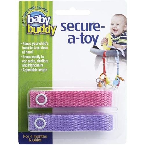 Baby Buddy Secure-A-Toy, Safety Strap Secures Toys, Teether, or Pacifiers to Strollers, Highchairs, Car Seats, Adjustable Length to Keep Toys Sanitary Clean, Registry Must Haves, Pink-Lilac, 2 Count