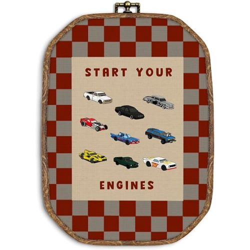 ZIKZAUDOU Boys Kids Racing Cars Octagon Wall Art Framed, Start Your Engines Canvas Prints Wall Decor, Miniature Racing Cars Checkered Hanging Decor for Boys Toddler Room Nursery Playroom, 10.2x7 Inch
