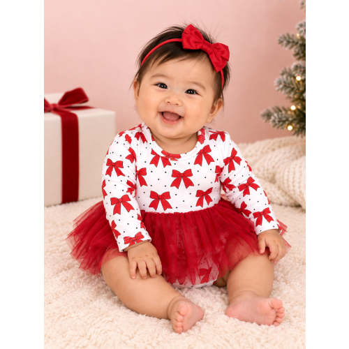 Long Sleeve Tutu Bodysuit Dress, Festive Bows