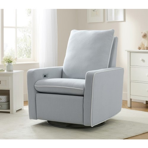 Paxton Power Recliner Performance Linen Blend Light Blue with Performance Linen Blend White Piping