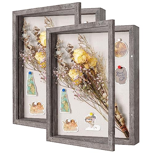 2 Packs 11x14 Shadow Box Frame with Linen Back - Sturdy Rustic Memory Display Case of Flower, Pictures, Medals and More, Rustic Gray