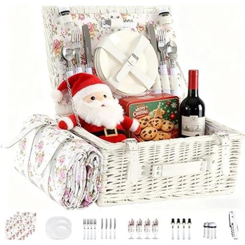 Picnic Basket Set for 4 with Waterproof Blanket Mat Insulation Bag Wicker Pink White Floral Classic Fresh Gift for Christmas Thanksgiving Wedding Birthday Camp Outdoor Beach Travel