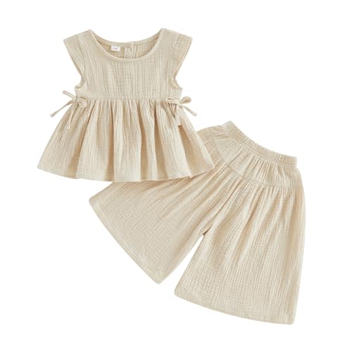 Baby Girl Summer Clothes Outfit Cotton Linen Sleeveless Ruffle Shirt and Wide Leg Pants Toddler Girls Clothes Set