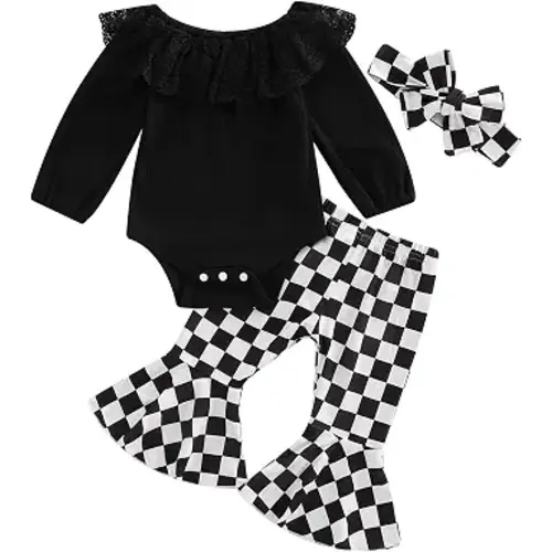 SAYOO Newborn Baby Girl Clothes Infant Rib Frill Long Sleeve Romper Floral Flared Pants Headband 3pcs Fall Winter Outfits