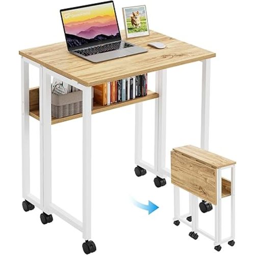 GreenForest Folding Desk with Wheels, 24.8 Inch Compact Rolling Computer Table with Storage Shelf, Portable Mobile Workstation for Small Spaces, Easy Assembly, Oak