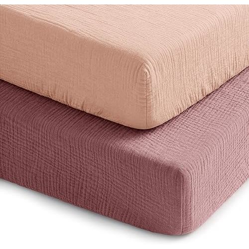 Comfy Cubs 100% Muslin Crib Fitted Sheet 2 Pack, Mauve and Blush - 100% Cotton, Soft & Breathable Crib Sheets for Toddler Mattress - Snug Fit, Secure Elastic with Beautiful Packaging