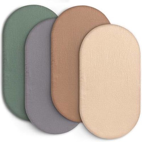 IOCCLH 100% Muslin Baby Bassinet Sheets for Baby Boy Girls,4-Pack Fitted Bassinet Sheets Set Compatible with Halo Bassinest Swivel Sleeper,Baby Delight,Angelbliss,32"X16" (Beige Solid Color Series)