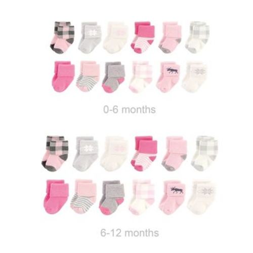 Hudson Baby Infant Girls Grow with Me Cotton Terry Socks, Pink Moose, 0-6 and 6-12 Months
