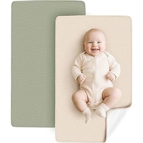 Konssy 2 Pack Waterproof Muslin Cotton Portable Changing Pad 30"x 17", Soft & Foldable Baby Changing Mat Travel Pad with Terry Backing, Shower Gift for Newborn Girls Boys (Fog Green,Cream)