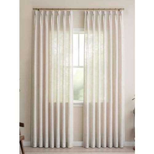 Liz Sheer Pinch Pleated Linen Curtains 90 Inches Long - Light Filtering Pleat Curtains for Living Room,Window Curtains for Bedroom, Luxury Pinch Pleated Drapes with Hooks, Natural, 2 Panels Set
