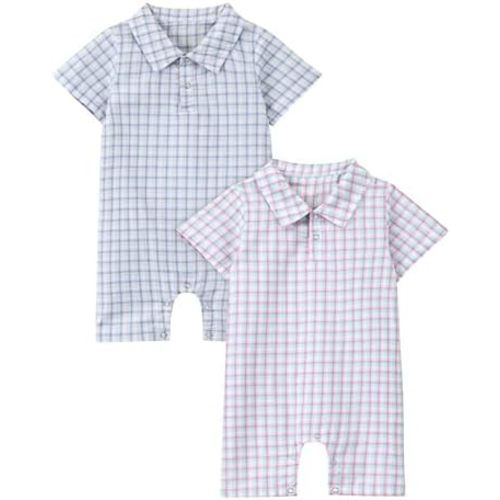 2 Pack Newborn Baby Boys' Short Sleeve Romper Soft Cotton Plaid Onesie Snap Closure Polo Summer Outfit 0-24 Months