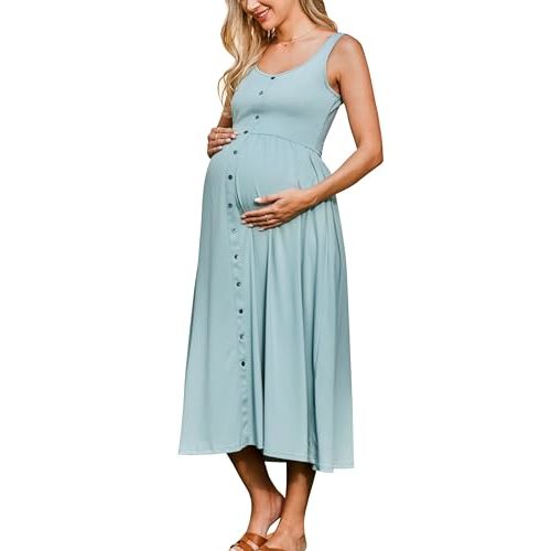 OUGES Womens Maternity Dress Scoop Neck Casual Sleeveless Button Down Pregnancy Clothes Midi Sundress with Pockets 2025