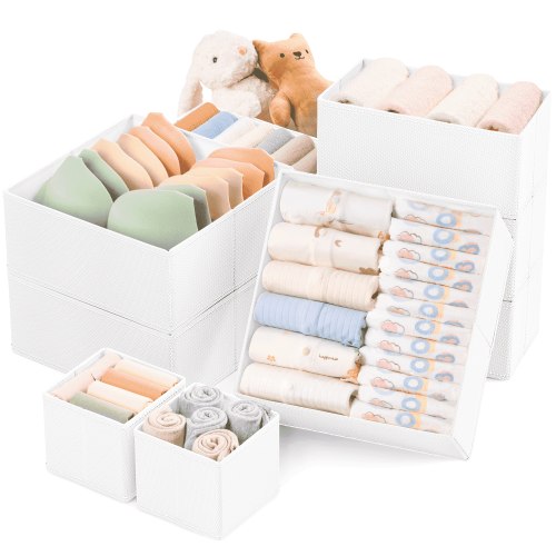 Criusia Clothes Drawer Organizers, 9-Pack Foldable Fabric Dresser Bins for Closet Storage, Drawer Dividers for Clothing, Baby Clothes, Underwear, Socks & Accessories (White)