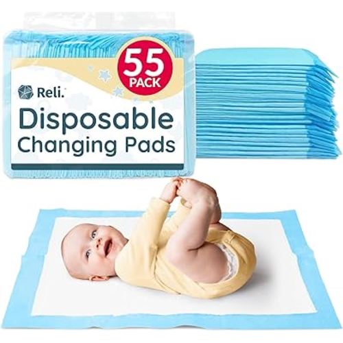 Reli. Disposable Changing Pads for Baby (55 Pack) | Disposable Diaper Changing Pads, 13" x 18" | Super Absorbent, Leak-Proof Liners | Waterproof, Quick Dry Underpads (Blue/White)
