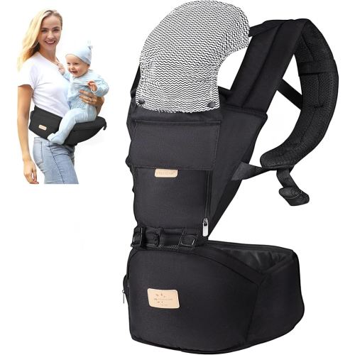 FRUITEAM 6-in-1 Baby Carrier with Waist Stool/Hip Seat for Breastfeeding, One Size Fits All - Adapt to Newborn, Infant & Toddler (Cool Black)