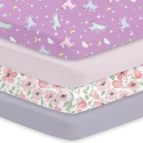 Little Grape Land Crib Sheets 4 Pack for Boys and Girls, Baby Neutral Crib Fitted Sheets for Standard Crib & Toddler Mattress, Super Soft Breathable Fitted Crib Sheet Set, Daliah & Unicorn