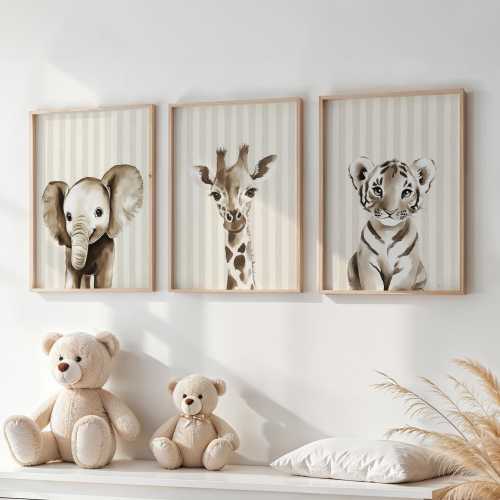 Animals Nursery Wall Art, Set Of 3, Baby Room Decor, Gender Neutral Nursery, Giraffe, Elephant, Tiger, Animal Prints, Playroom Decor